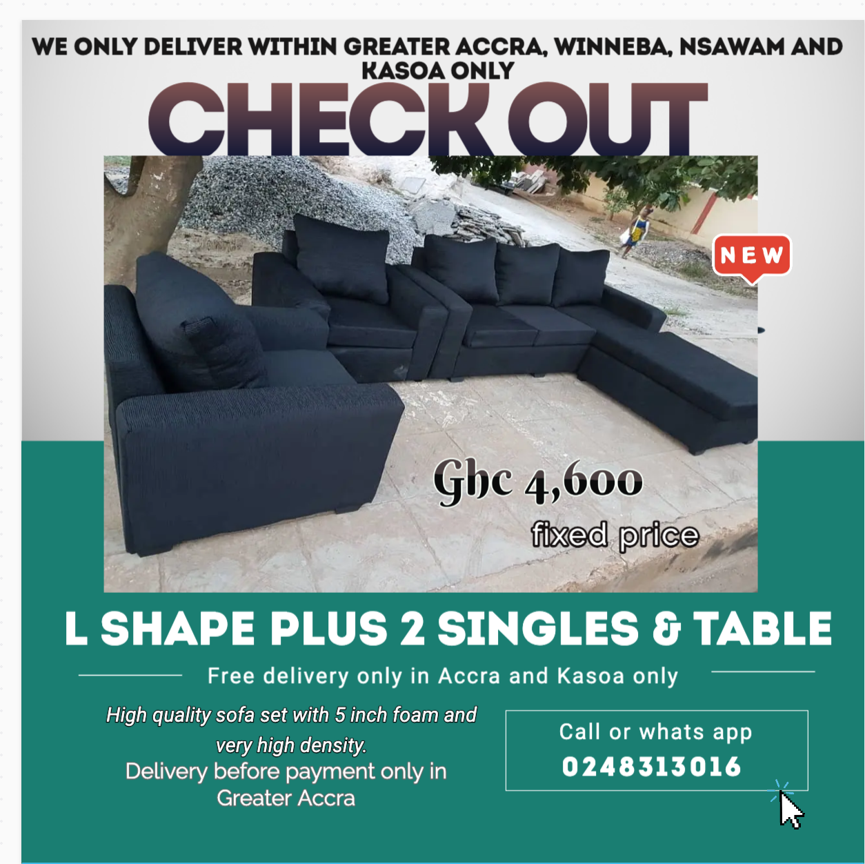 New : L shape Plus 2 Singles plus Table - Free delivery only in Accra and kasoa only (Call or Whats App 0248313016) - Image 2
