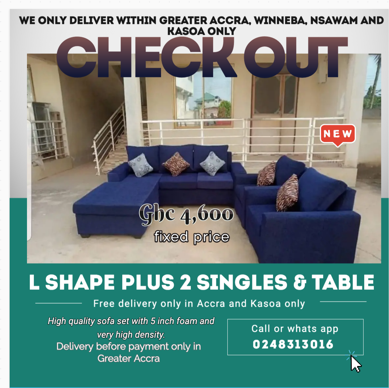 New : L shape Plus 2 Singles plus Table - Free delivery only in Accra and kasoa only (Call or Whats App 0248313016) - Image 3