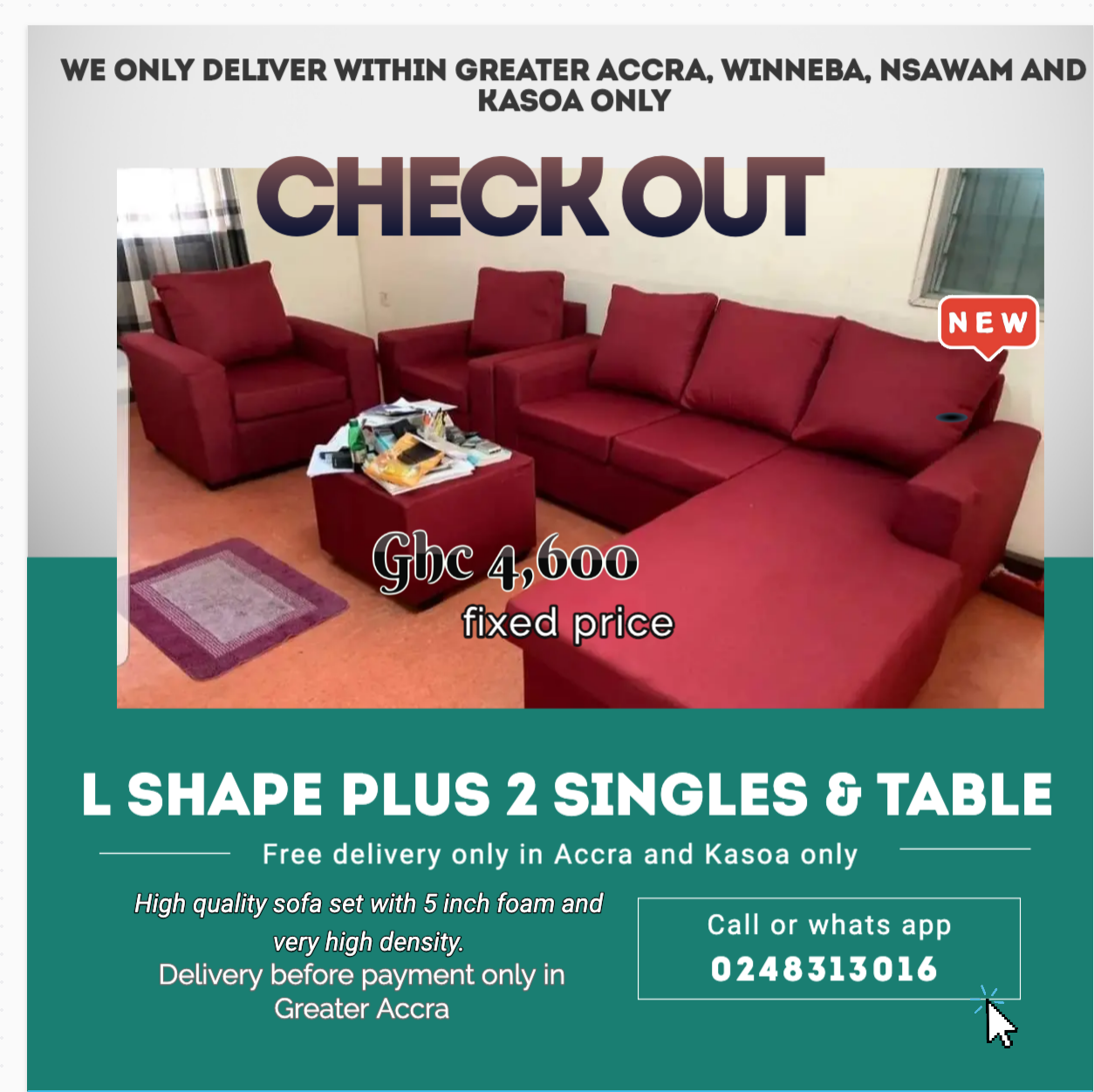 New : L shape Plus 2 Singles plus Table - Free delivery only in Accra and kasoa only (Call or Whats App 0248313016) - Image 4