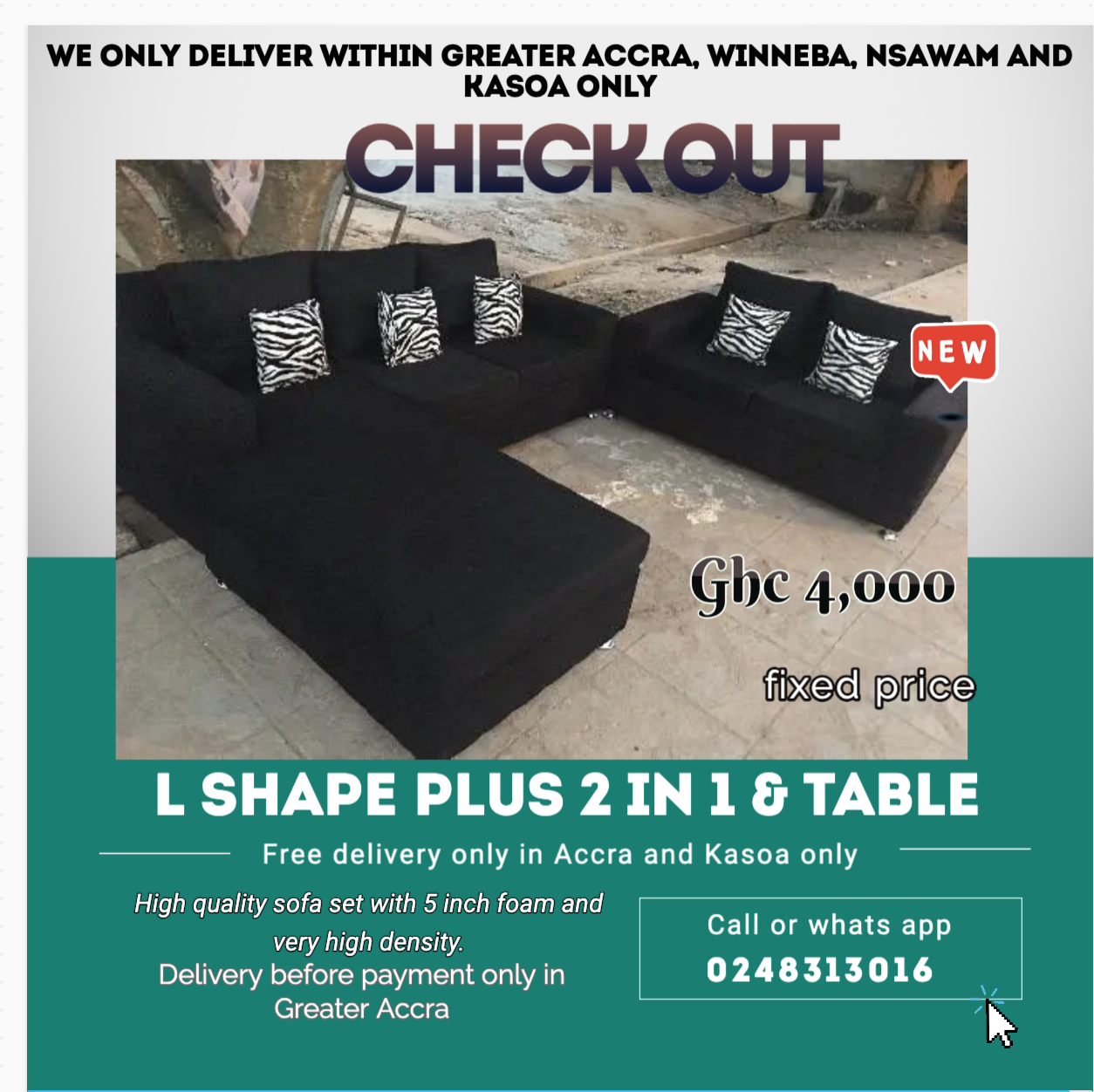 New : L shape Plus 2in1 plus Table -Free delivery only in Accra and kasoa only (Call or Whats App 0248313016)