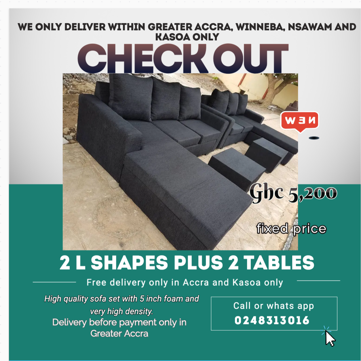 New : 2 L shapes Plus 2 Tables -Free delivery only in Accra and kasoa only (Call or Whats App 0248313016) - Image 2