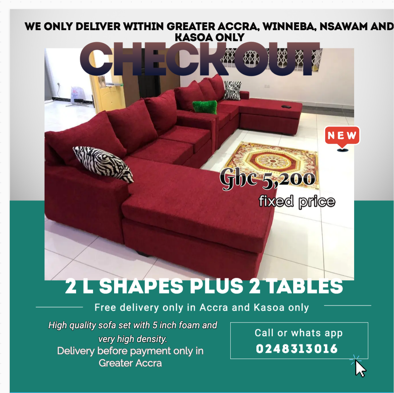 New : 2 L shapes Plus 2 Tables -Free delivery only in Accra and kasoa only (Call or Whats App 0248313016)